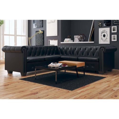 Kutna garnitura Chesterfield za 5 osoba od umjetne kože crna