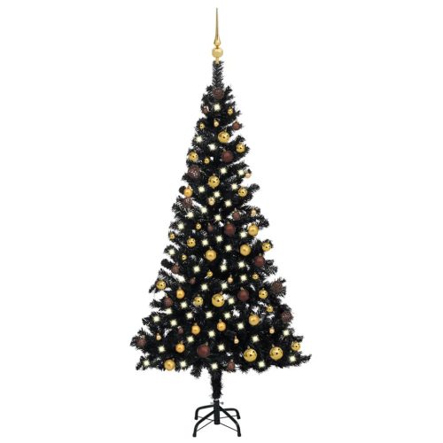 Umjetno osvijetljeno božićno drvce s kuglicama crno 180 cm PVC