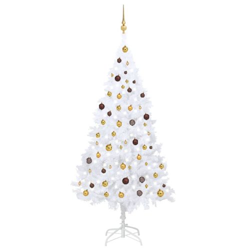 Umjetno osvijetljeno božićno drvce i kuglice bijelo 210 cm PVC