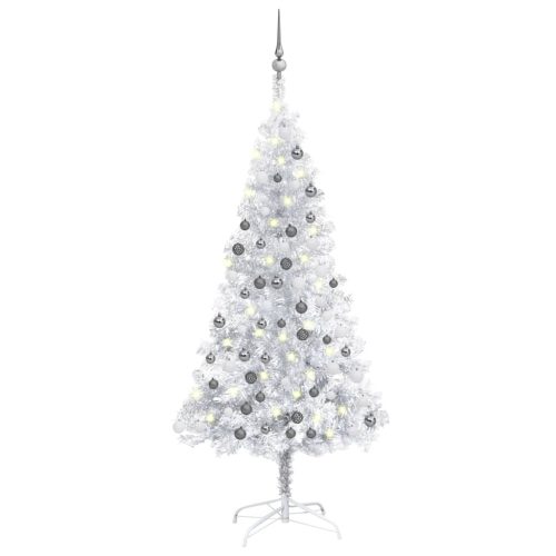 Umjetno osvijetljeno božićno drvce i kuglice srebrno 150 cm PET