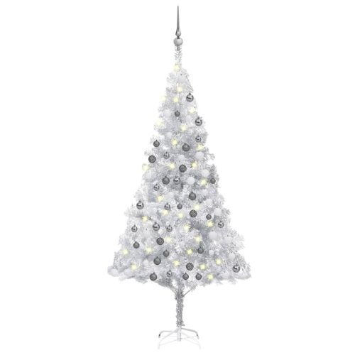 Umjetno osvijetljeno božićno drvce i kuglice srebrno 180 cm PET