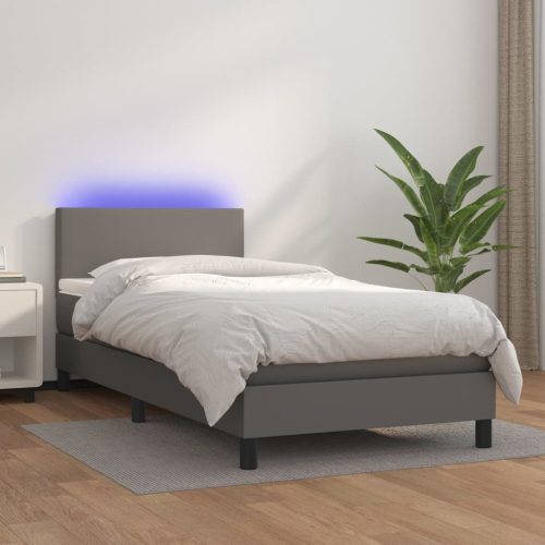 Krevet box spring s madracem LED sivi 90x190 cm od umjetne kože