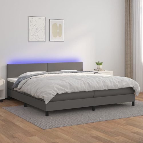 Krevet box spring s madracem LED sivi 200x200cm od umjetne kože