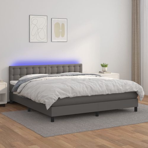 Krevet box spring s madracem LED sivi 160x200cm od umjetne kože