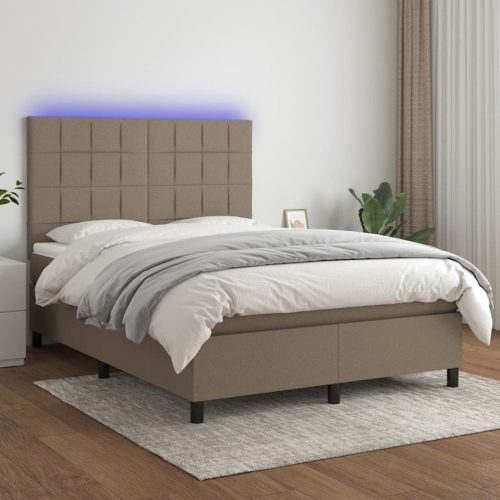 Krevet box spring s madracem LED smeđesivi 140x200 cm tkanina