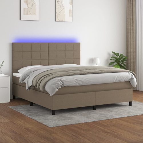 Krevet box spring s madracem LED smeđesivi 180x200 cm tkanina