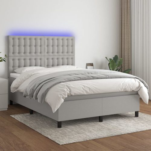 Krevet box spring s madracem LED svjetlosivi 140x190 cm tkanina