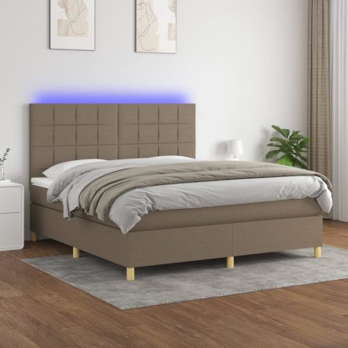 Krevet box spring s madracem LED smeđesivi 180x200 cm tkanina