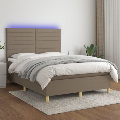 Krevet box spring s madracem LED smeđesivi 140x200 cm tkanina