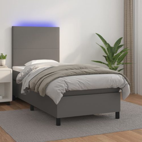 Krevet box spring s madracem LED sivi 90x200 cm od umjetne kože