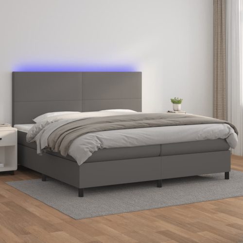 Krevet box spring s madracem LED sivi 200x200cm od umjetne kože