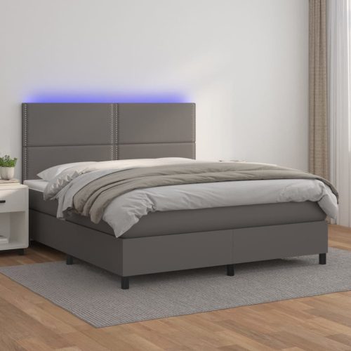 Krevet box spring s madracem LED sivi 160x200cm od umjetne kože