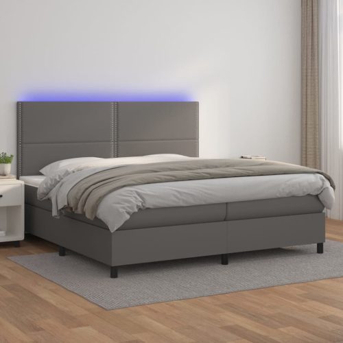 Krevet box spring s madracem LED sivi 200x200cm od umjetne kože