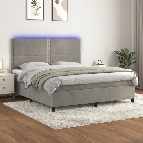 Krevet box spring s madracem LED svjetlosivi 180x200 cm baršun