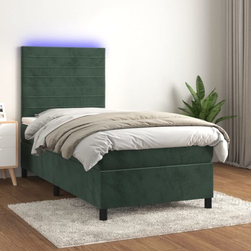 Krevet box spring s madracem LED tamnozeleni 90x190 cm baršun