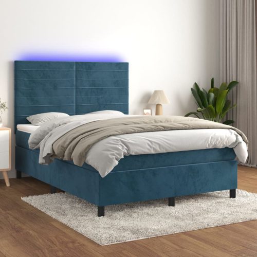 Krevet box spring s madracem LED tamnoplavi 140x190 cm baršun