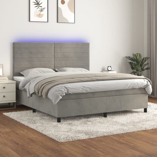 Krevet box spring s madracem LED svjetlosivi 180x200 cm baršun