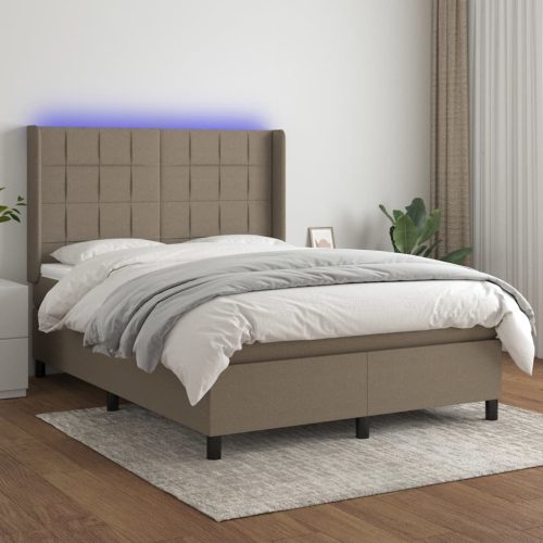 Krevet box spring s madracem LED smeđesivi 140x190 cm tkanina