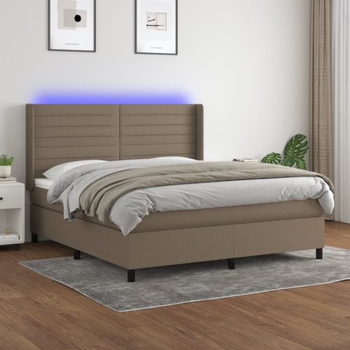 Krevet box spring s madracem LED smeđesivi 180x200 cm tkanina