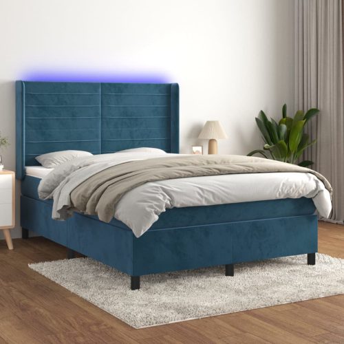 Krevet box spring s madracem LED tamnoplavi 140x190 cm baršun