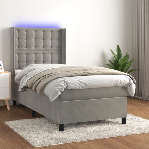 Krevet box spring s madracem LED svjetlosivi 90x200 cm baršun