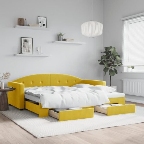 Dnevni krevet na razvlačenje s ladicama žuti 90 x 200 cm baršun