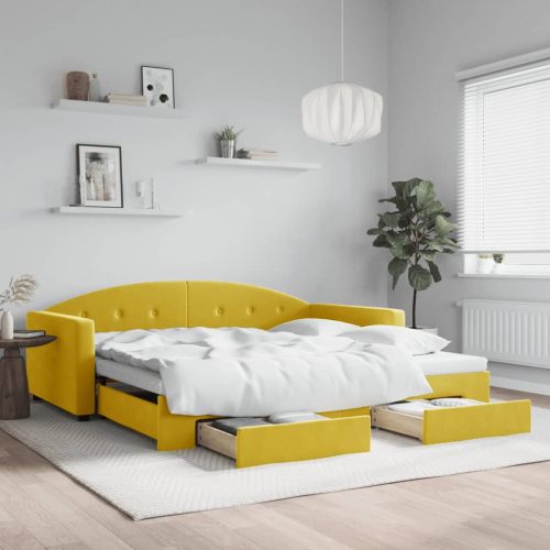 Dnevni krevet na razvlačenje s ladicama žuti 100x200 cm baršun