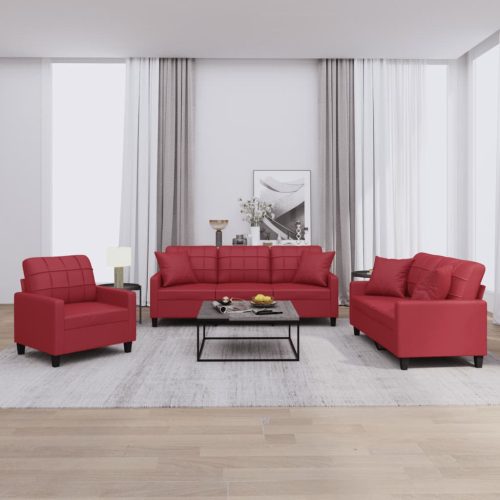 3-dijelni set sofa s jastucima boja vina od umjetne kože