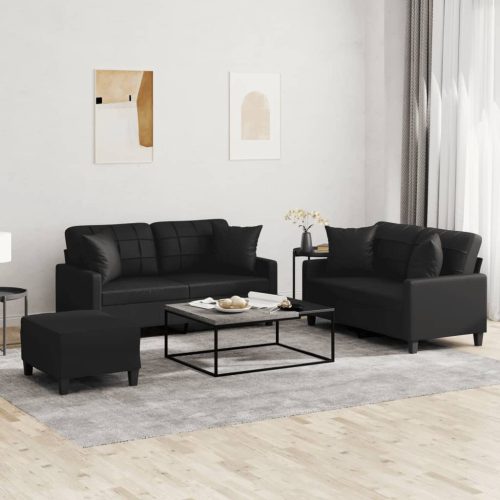 3-dijelni set sofa s jastucima crna od umjetne kože