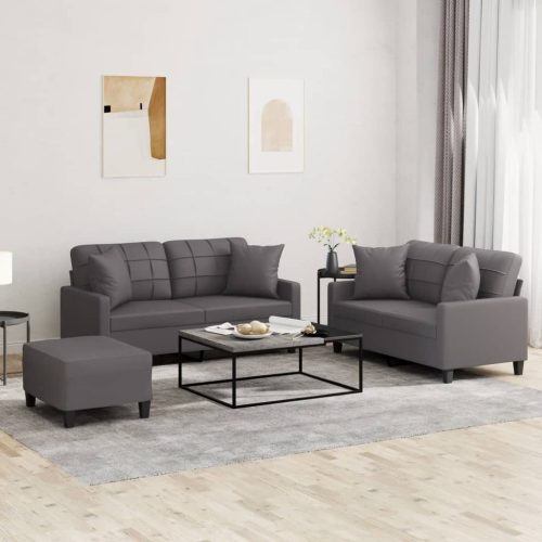 3-dijelni set sofa s jastucima sivi od umjetne kože