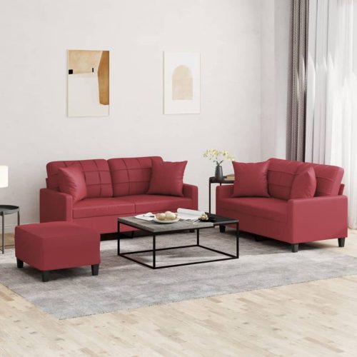 3-dijelni set sofa s jastucima boja vina od umjetne kože