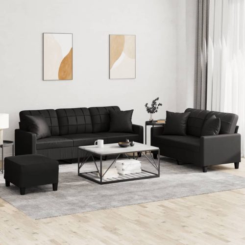 3-dijelni set sofa s jastucima crna od umjetne kože