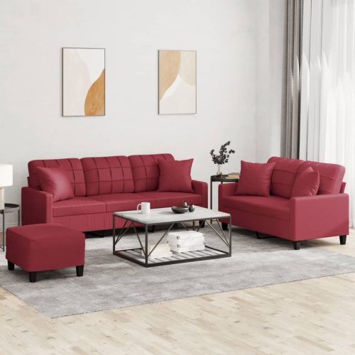 3-dijelni set sofa s jastucima boja vina od umjetne kože