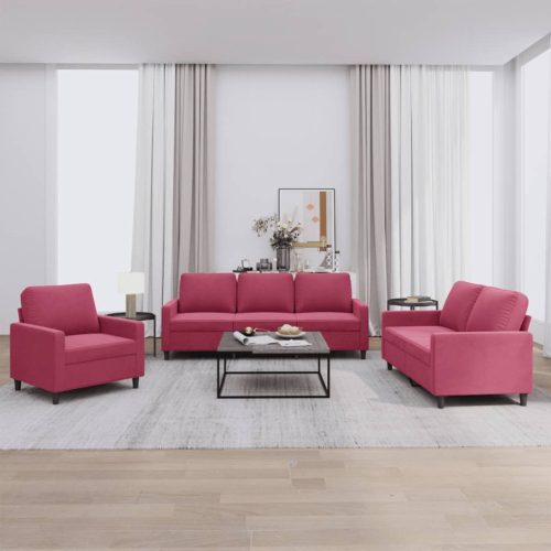 3-dijelni set sofa s jastucima crvena boja vina baršunasti