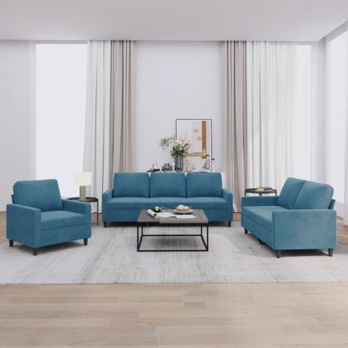 3-dijelni set sofa s jastucima plavi baršunasti