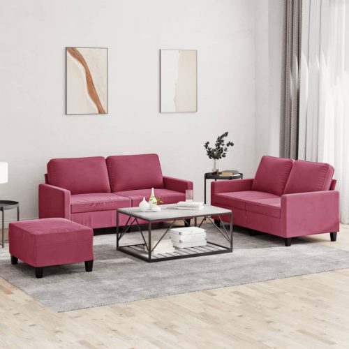 3-dijelni set sofa s jastucima crvena boja vina baršunasti