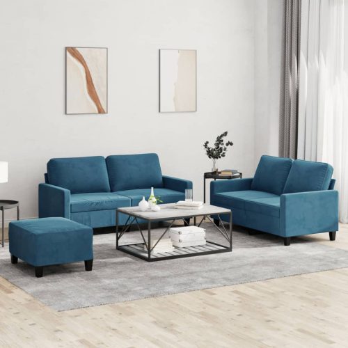 3-dijelni set sofa s jastucima plavi baršunasti