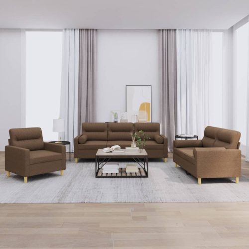 3-dijelni set sofa s jastucima smeđi od tkanine