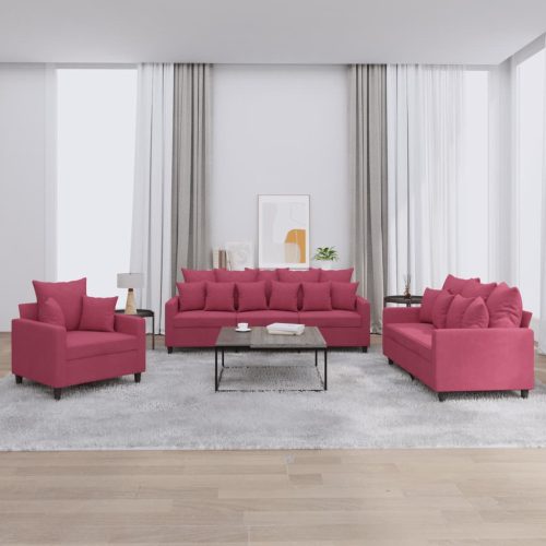 3-dijelni set sofa s jastucima crvena boja vina baršunasti