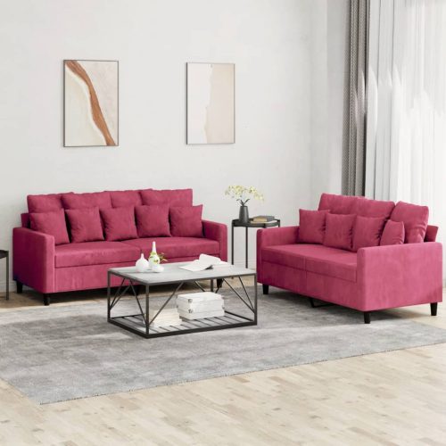 2-dijelni set sofa s jastucima crvena boja vina baršunasti