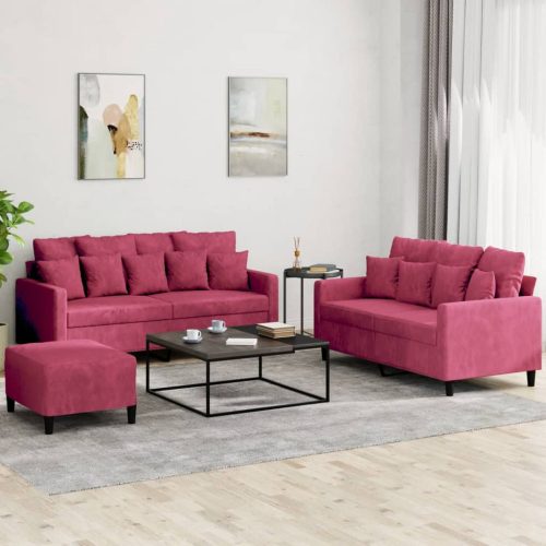 3-dijelni set sofa s jastucima crvena boja vina baršunasti