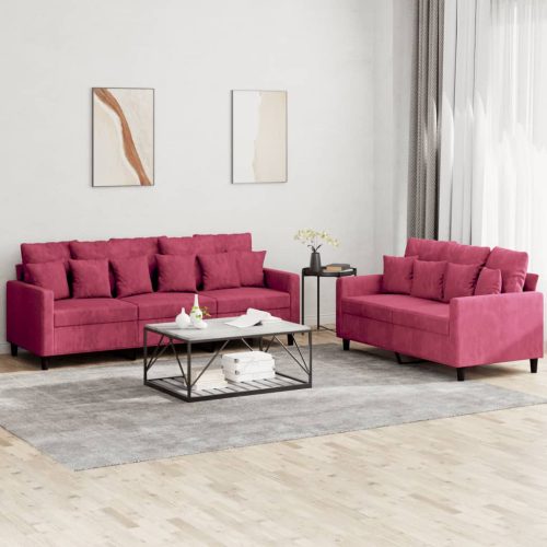 2-dijelni set sofa s jastucima crvena boja vina baršunasti