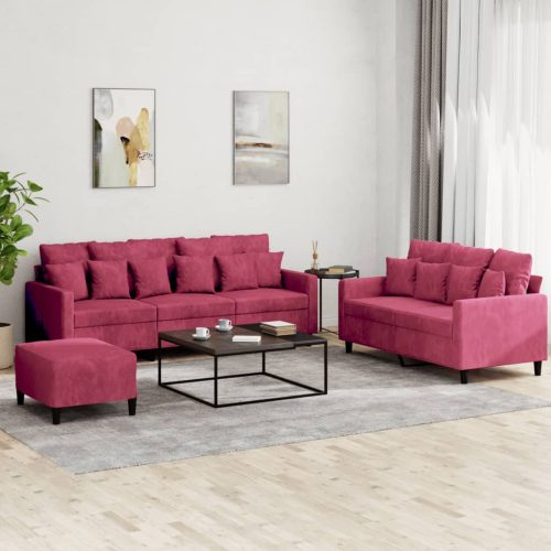 3-dijelni set sofa s jastucima crvena boja vina baršunasti