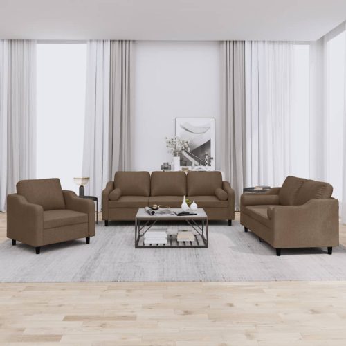 3-dijelni set sofa s jastucima smeđi od tkanine