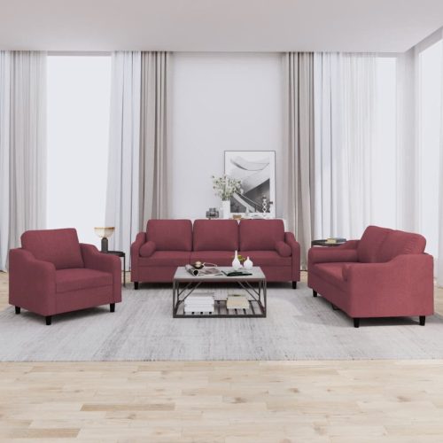 3-dijelni set sofa s jastucima crvena boja vina od tkanine