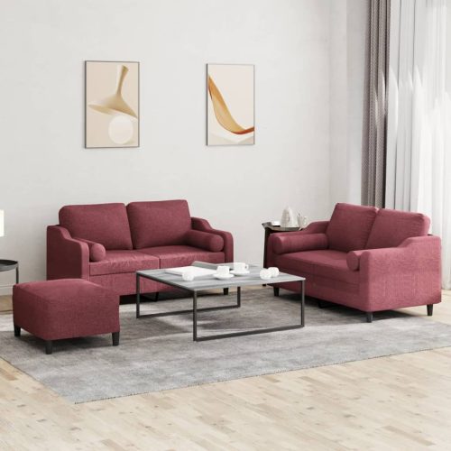 3-dijelni set sofa s jastucima crvena boja vina od tkanine