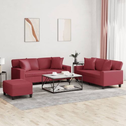 3-dijelni set sofa s jastucima boja vina od umjetne kože