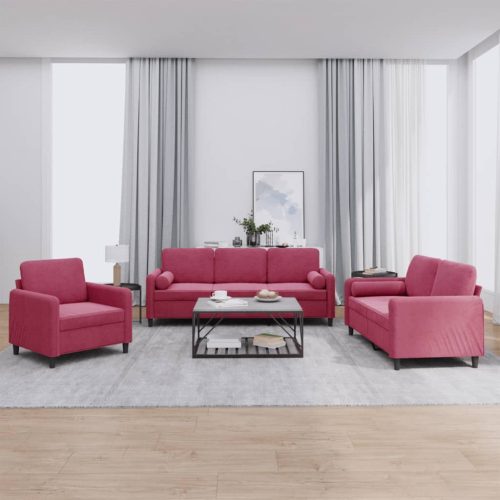 3-dijelni set sofa s jastucima crvena boja vina baršunasti