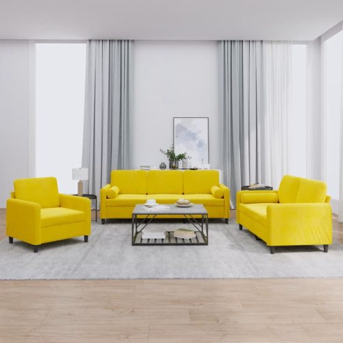 3-dijelni set sofa s jastucima žuti baršunasti