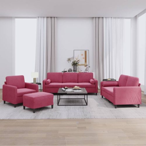 4-dijelni set sofa s jastucima crvena boja vina baršunasti